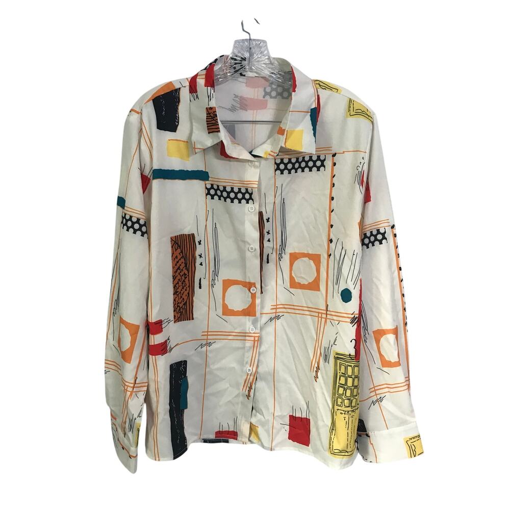Unbranded Blouse Size XXL Womens Ivory Artsy Modern Abstract Painting Button Up